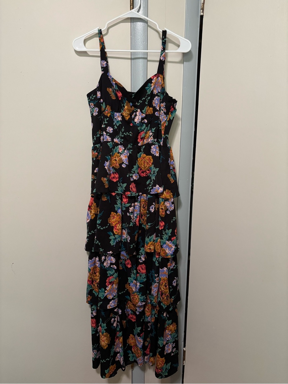 Vici Black Floral Tiered Maxi Dress with Spaghetti Straps